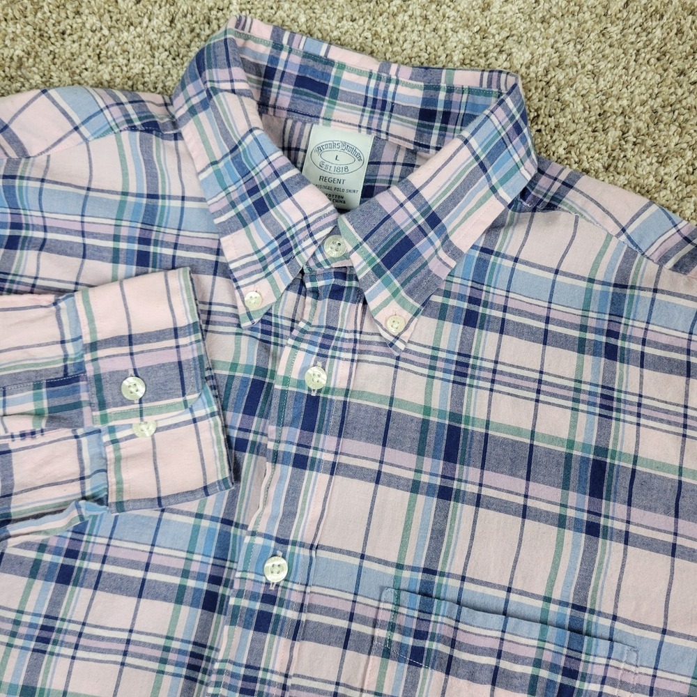 Brooks Brothers Regent Mens Large Blue Pink Plaid Button Down Long Sleeve
